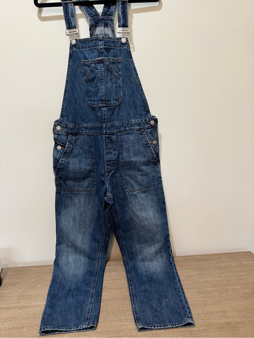 GAP Denim Cropped Overalls in Light and Dark Blue Wash | Size Medium